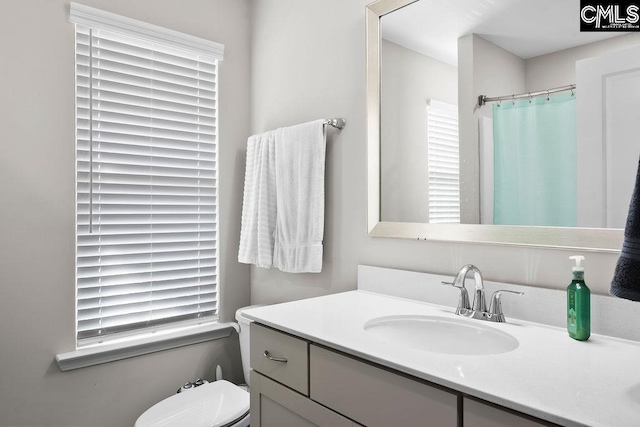 full bathroom featuring toilet, vanity, and a shower with curtain