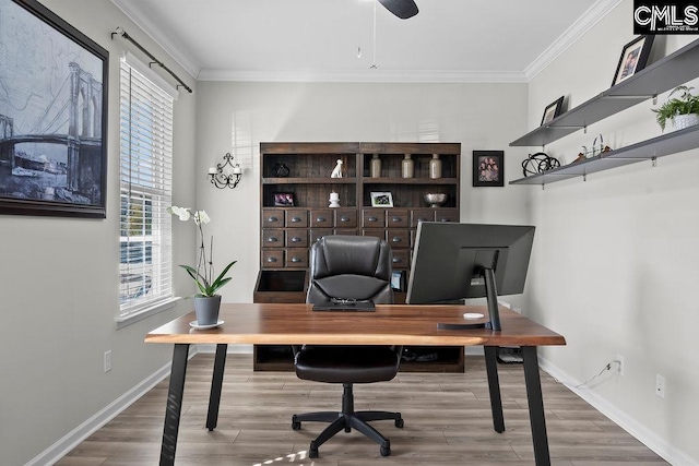 office area with baseboards, ornamental molding, and wood finished floors