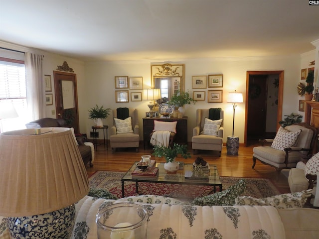 living room with crown molding and wood finished floors