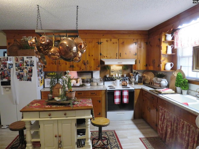 kitchen with light wood finished floors, light countertops, a sink, white appliances, and under cabinet range hood