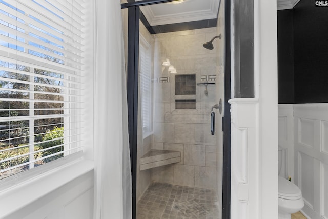 full bath featuring wainscoting, toilet, crown molding, a shower stall, and a decorative wall