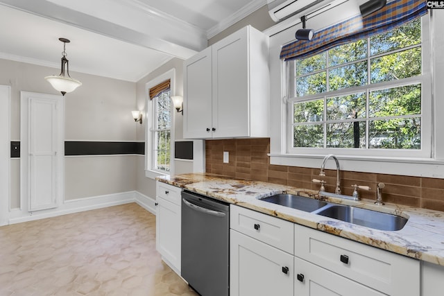 kitchen featuring a sink, white cabinetry, ornamental molding, stainless steel dishwasher, and light stone countertops