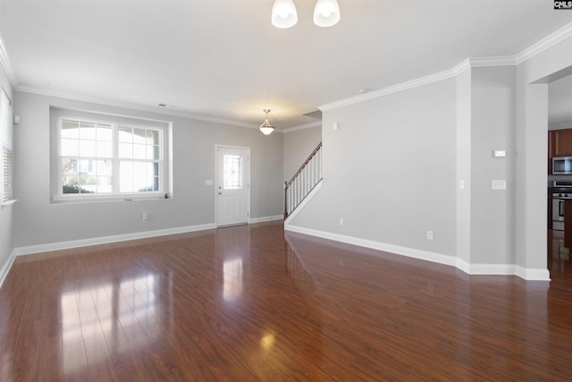 unfurnished living room with crown molding, stairway, dark wood finished floors, and baseboards