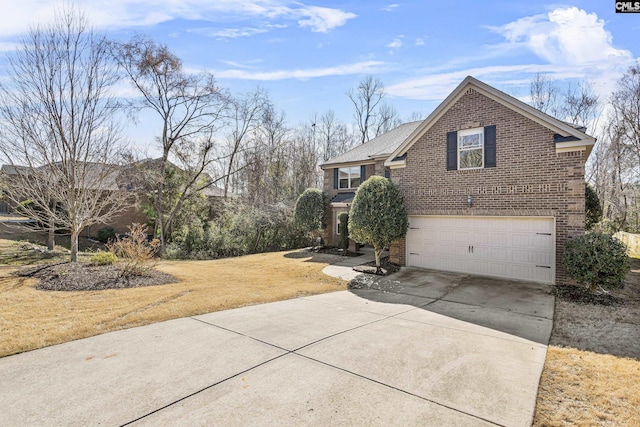 view of home's exterior with concrete driveway, brick siding, a yard, and an attached garage