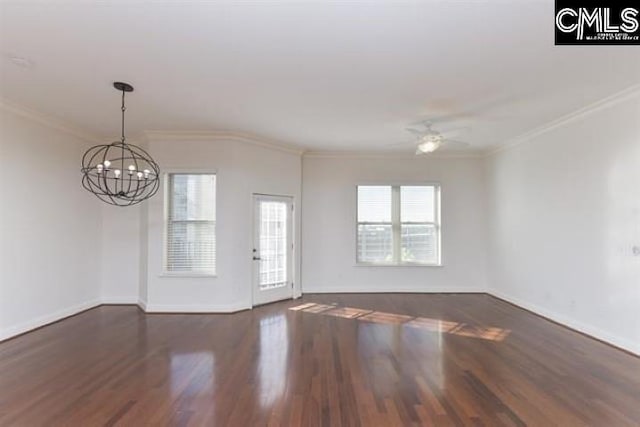 interior space with baseboards, dark wood-type flooring, ceiling fan with notable chandelier, and crown molding