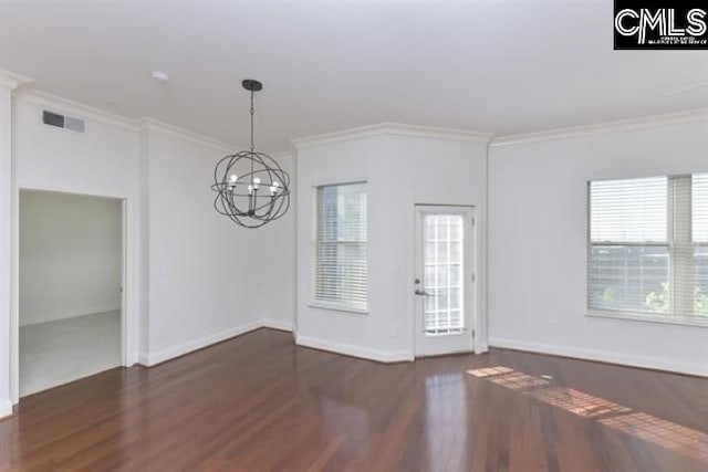 interior space featuring dark wood-style floors, ornamental molding, visible vents, and a notable chandelier