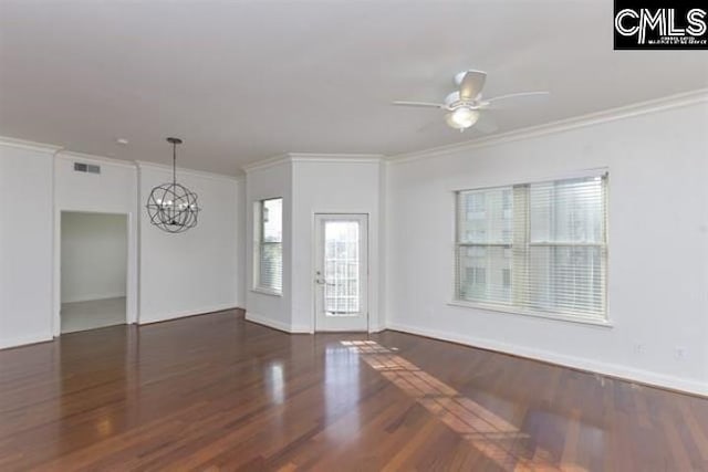 interior space with visible vents, dark wood-type flooring, ornamental molding, baseboards, and ceiling fan with notable chandelier