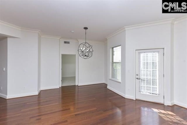 unfurnished dining area with baseboards, visible vents, dark wood-type flooring, and crown molding