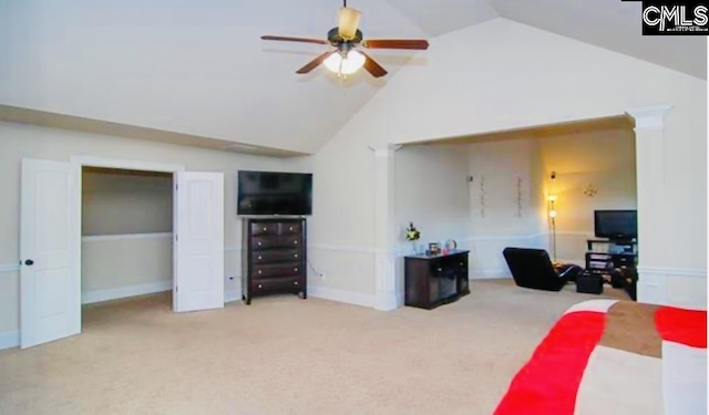 bedroom featuring lofted ceiling, carpet, and ceiling fan