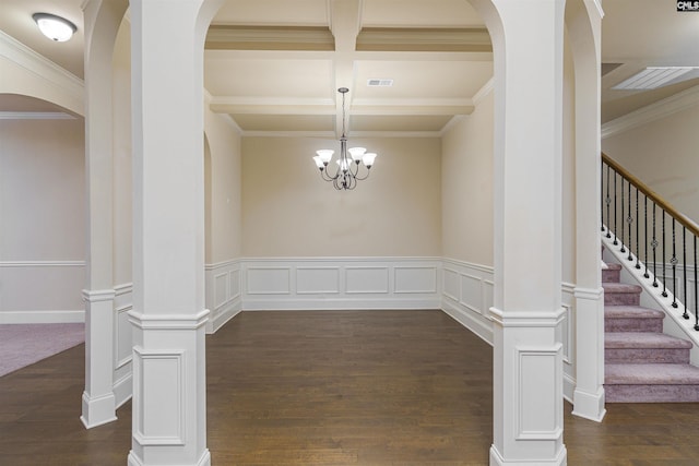 unfurnished dining area with beam ceiling, visible vents, stairway, dark wood-type flooring, and coffered ceiling