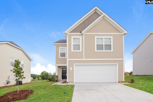 view of front of home featuring an attached garage, central air condition unit, driveway, a front lawn, and board and batten siding