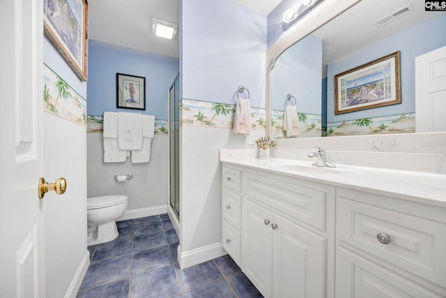 full bath with visible vents, toilet, a shower stall, vanity, and tile patterned flooring