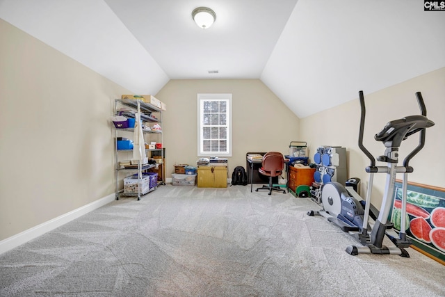 workout area with lofted ceiling, carpet, visible vents, and baseboards