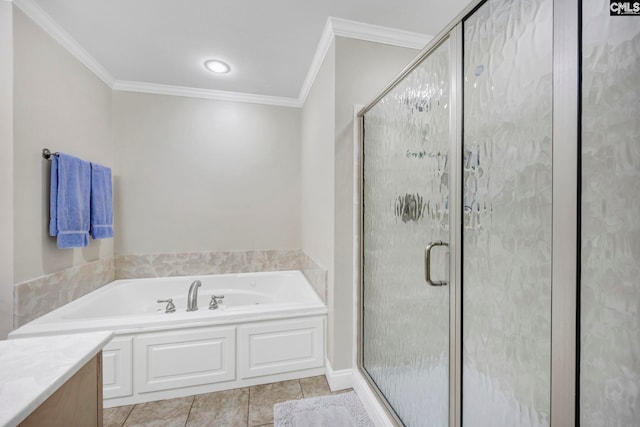 full bath featuring a garden tub, a shower stall, tile patterned flooring, and crown molding