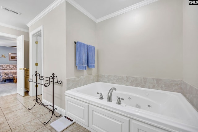 ensuite bathroom featuring ensuite bath, visible vents, a tub with jets, and crown molding