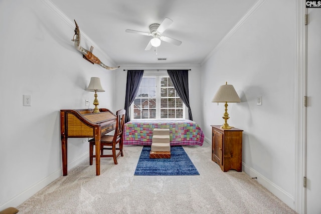 bedroom with carpet flooring, crown molding, visible vents, and baseboards