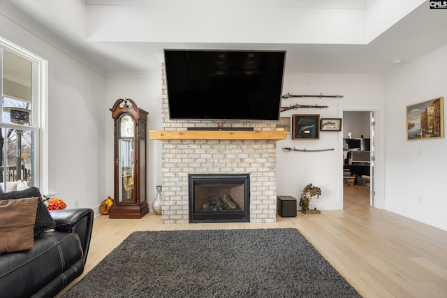 living area with ornamental molding, baseboards, a fireplace, and light wood finished floors