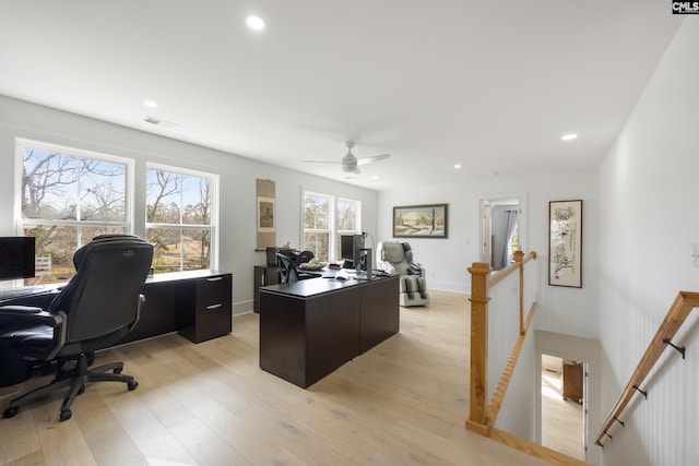 office area featuring recessed lighting, baseboards, visible vents, and light wood finished floors