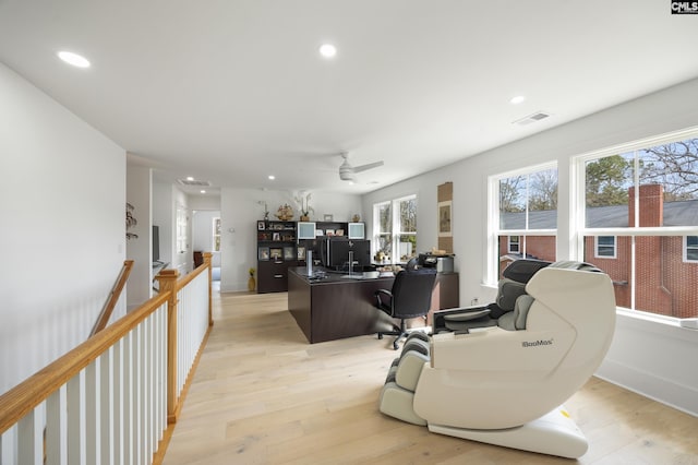 living room with recessed lighting, visible vents, ceiling fan, light wood-type flooring, and baseboards