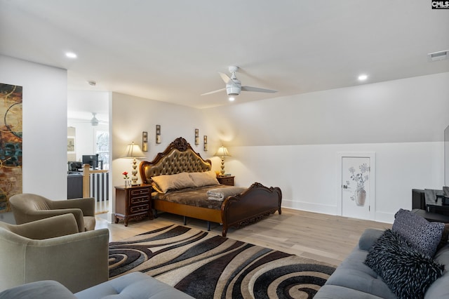 bedroom featuring lofted ceiling, recessed lighting, a ceiling fan, visible vents, and light wood finished floors