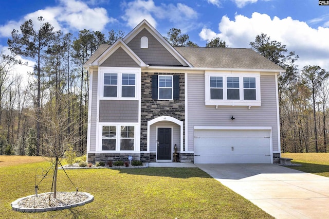 view of front of home with a front yard, stone siding, and driveway