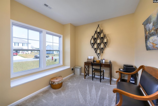 office with baseboards, visible vents, and carpet flooring