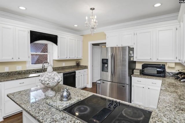 kitchen with light stone counters, dark wood-style flooring, white cabinetry, a sink, and black appliances