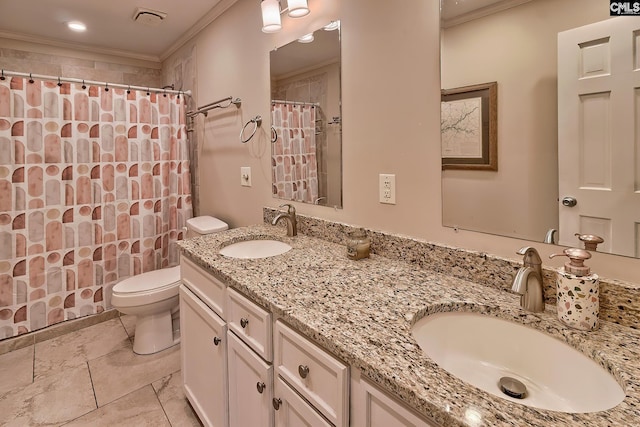 full bathroom with toilet, crown molding, double vanity, and a sink