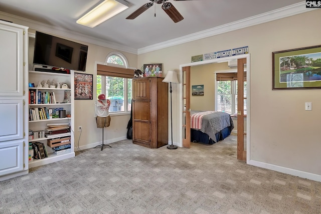 interior space featuring baseboards, crown molding, and light colored carpet