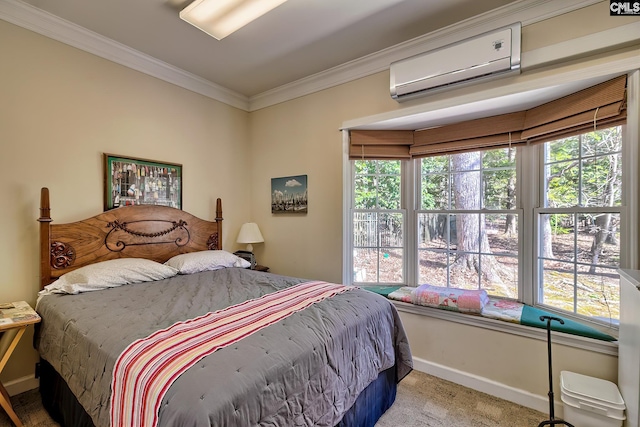 bedroom featuring carpet, ornamental molding, multiple windows, and a wall unit AC