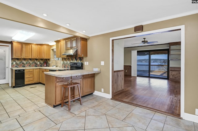 kitchen featuring a peninsula, ornamental molding, range with electric stovetop, and under cabinet range hood