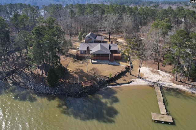 drone / aerial view with a water view and a view of trees