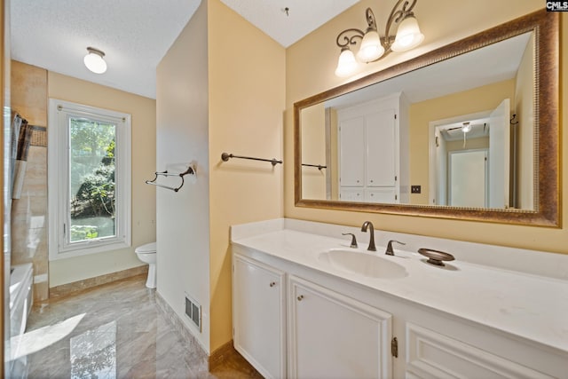 full bath featuring visible vents, toilet, marble finish floor, walk in shower, and vanity