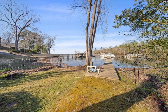 view of yard with a water view and a boat dock