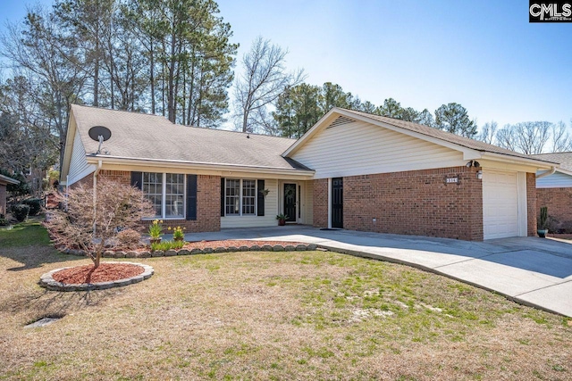 ranch-style home with concrete driveway, brick siding, a front lawn, and an attached garage