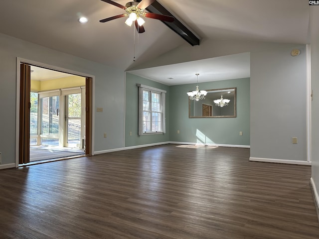 unfurnished living room with ceiling fan with notable chandelier, lofted ceiling with beams, dark wood-style floors, and baseboards