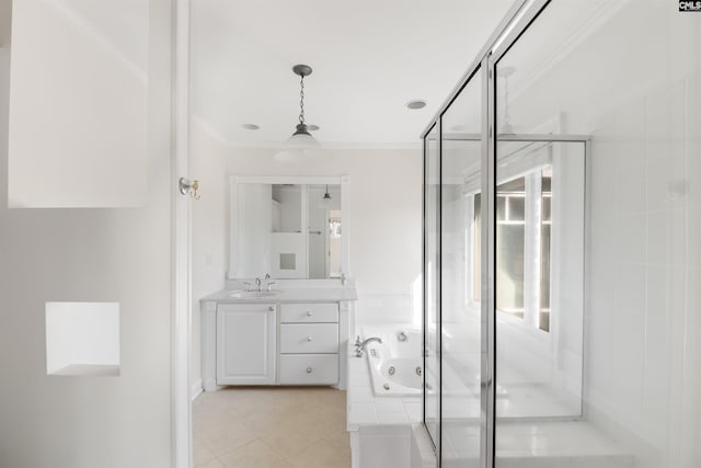 bathroom with tile patterned flooring, a shower with shower door, vanity, a jetted tub, and crown molding