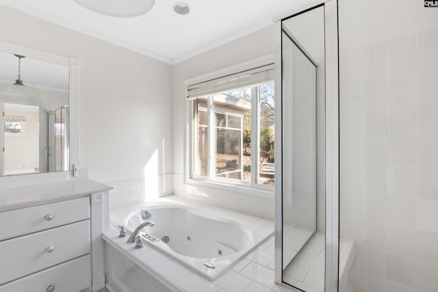 full bathroom with a whirlpool tub, a shower stall, crown molding, and vanity