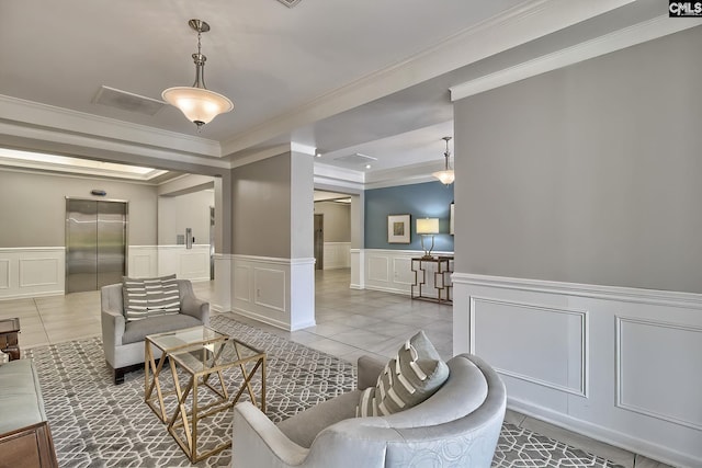 living room featuring elevator, wainscoting, and tile patterned floors