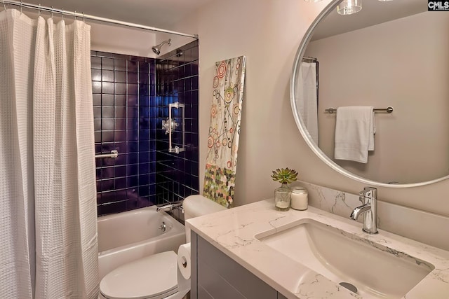 bathroom featuring toilet, shower / bath combination with curtain, and vanity