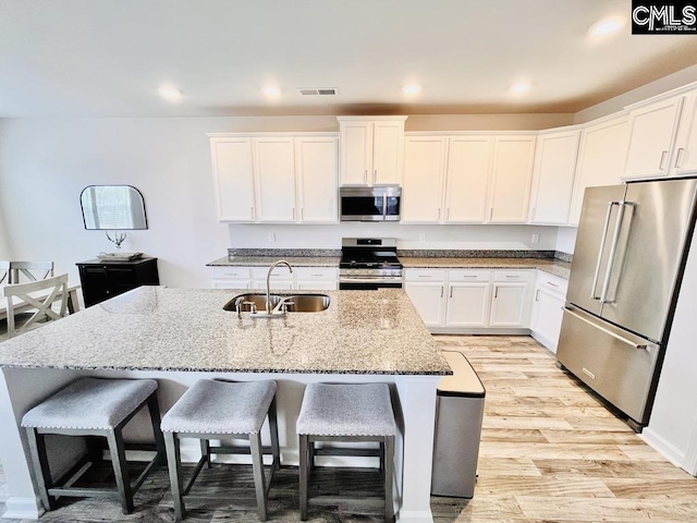 kitchen featuring light wood finished floors, stainless steel appliances, visible vents, white cabinets, and a sink