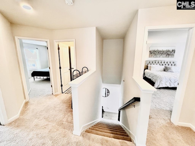 staircase featuring carpet floors and baseboards