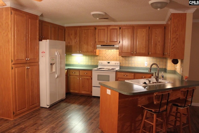 kitchen with under cabinet range hood, a peninsula, white appliances, a sink, and dark wood-style floors