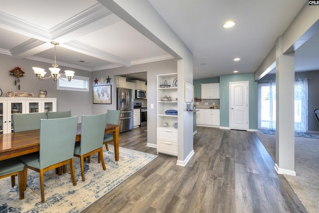 dining space with beam ceiling, crown molding, recessed lighting, dark wood-type flooring, and baseboards