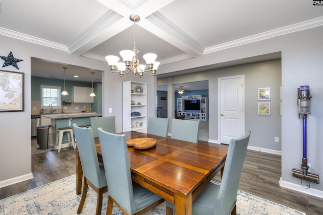 dining space with ornamental molding, beam ceiling, dark wood finished floors, and baseboards