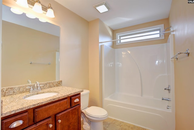 full bathroom with toilet, tub / shower combination, and vanity