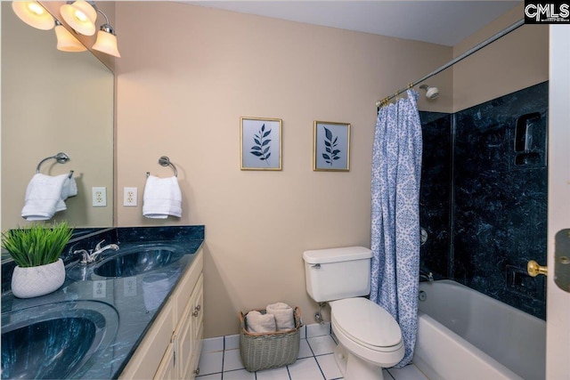 full bathroom with toilet, shower / bathtub combination with curtain, double vanity, and a sink