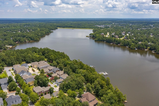 aerial view featuring a water view, a residential view, and a view of trees