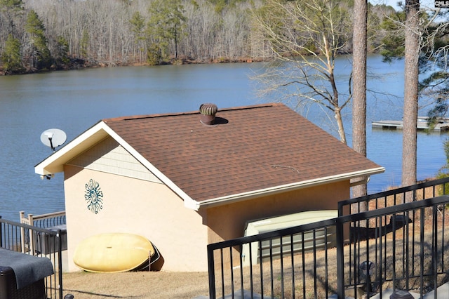 view of dock featuring a water view and fence