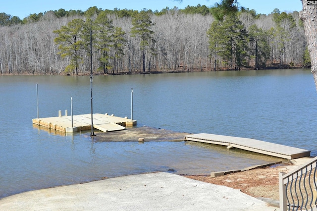 view of dock featuring a water view and a forest view